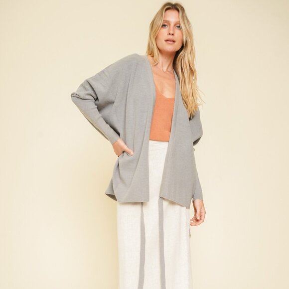 MYSTREE Light Sage Gray Open Front Cardigan, Cozy Knit Layering Sweater - Picture 2 of 6